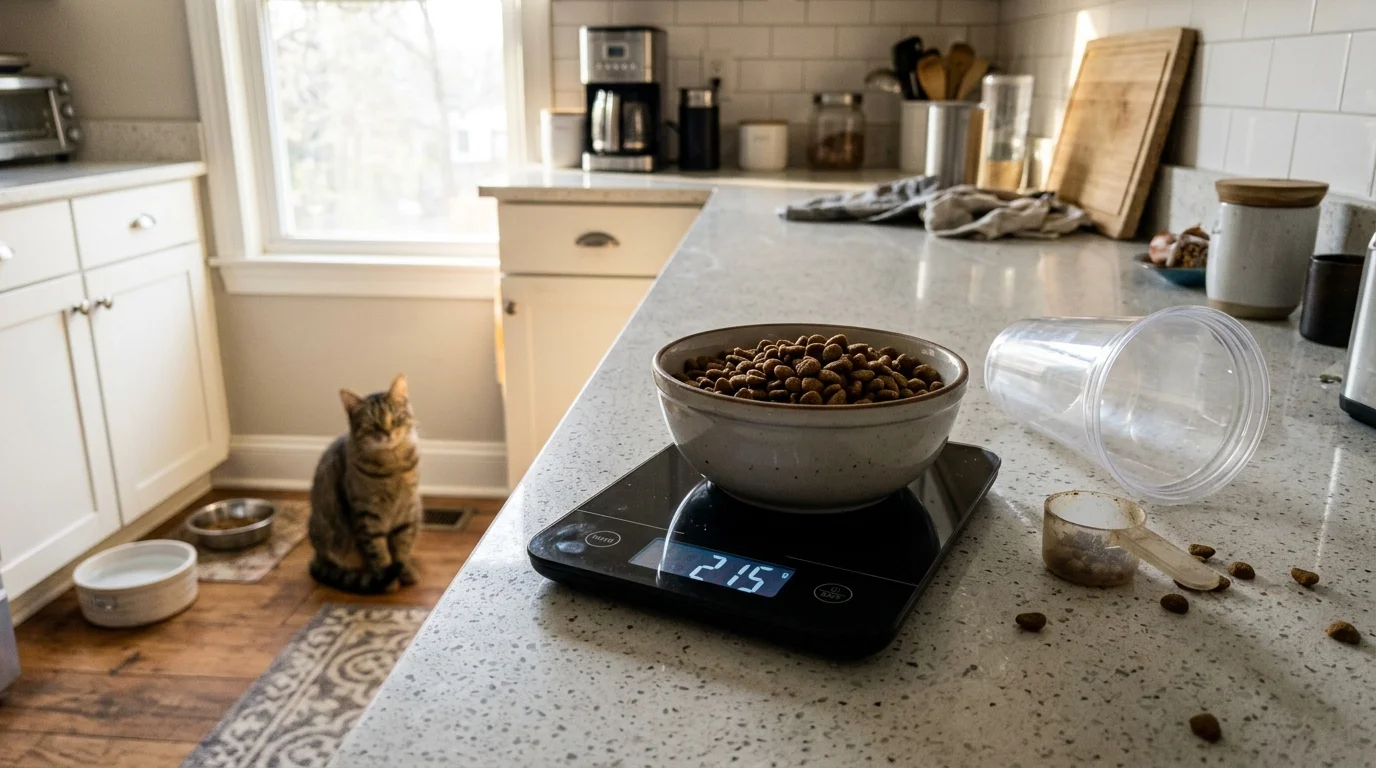 A bowl of kibble on a digital scale reading 215 on a kitchen counter with a cat sitting on the floor.