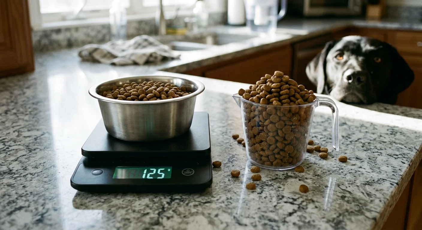 A black dog watching kibble in a bowl on a digital kitchen scale next to an overflowing measuring cup on a counter.