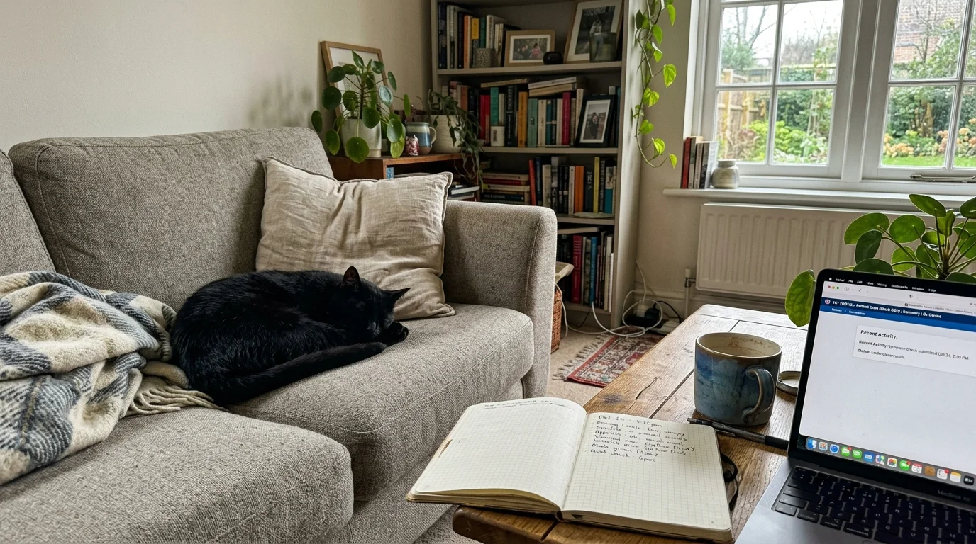 A black cat sleeps on a gray couch beside a coffee table holding an open notebook, mug, and open laptop.
