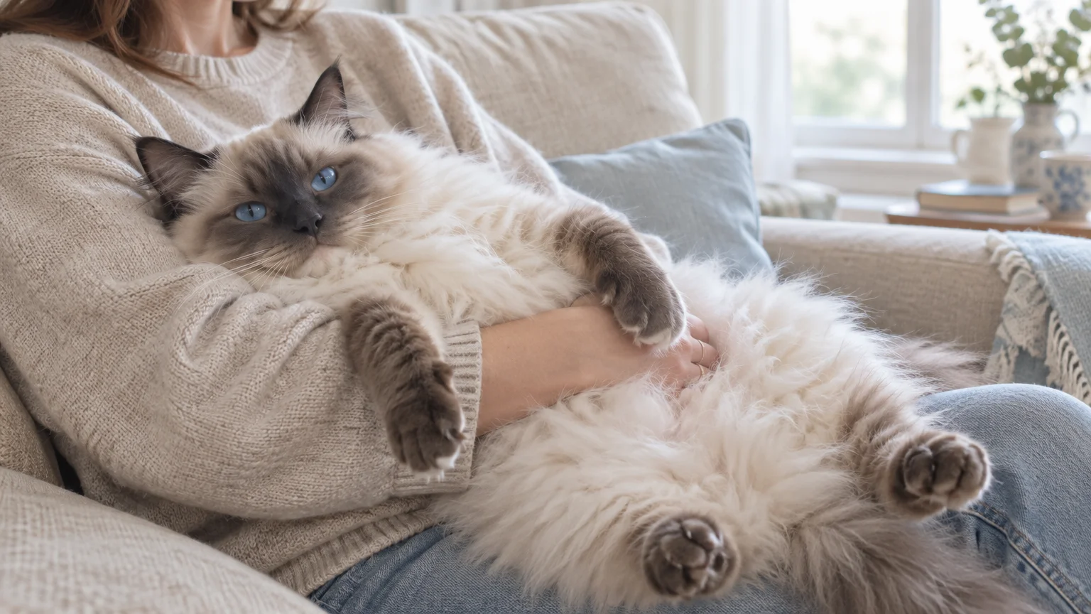 Fluffy Ragdoll cat with bright blue eyes lying completely relaxed on its back in a person's lap on a sofa.