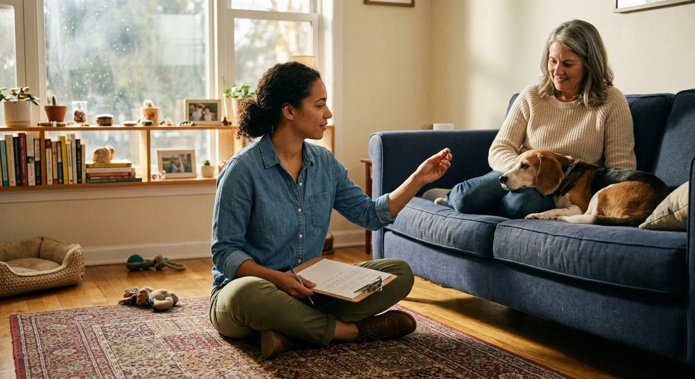 A woman sits on a rug holding a clipboard while speaking to another woman and a dog resting on a blue couch.