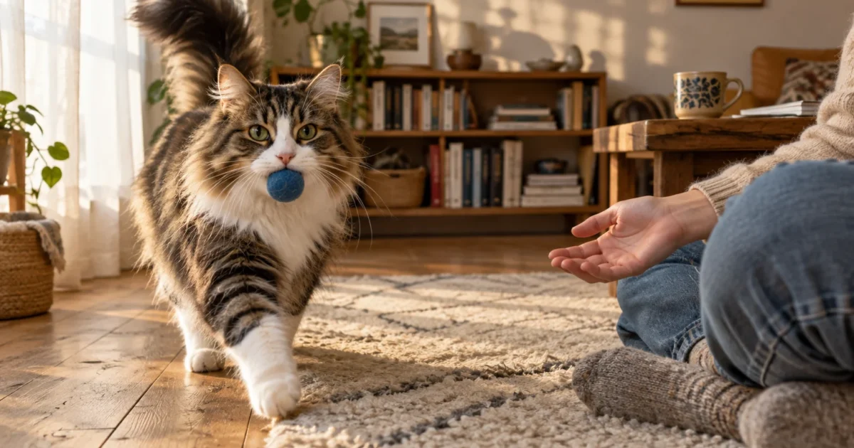 Fluffy tabby cat carrying a blue ball in its mouth, walking toward a person sitting on a rug with an open hand.