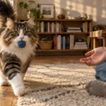 Fluffy tabby cat carrying a blue ball in its mouth, walking toward a person sitting on a rug with an open hand.