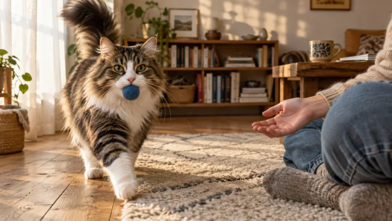 Fluffy tabby cat carrying a blue ball in its mouth, walking toward a person sitting on a rug with an open hand.