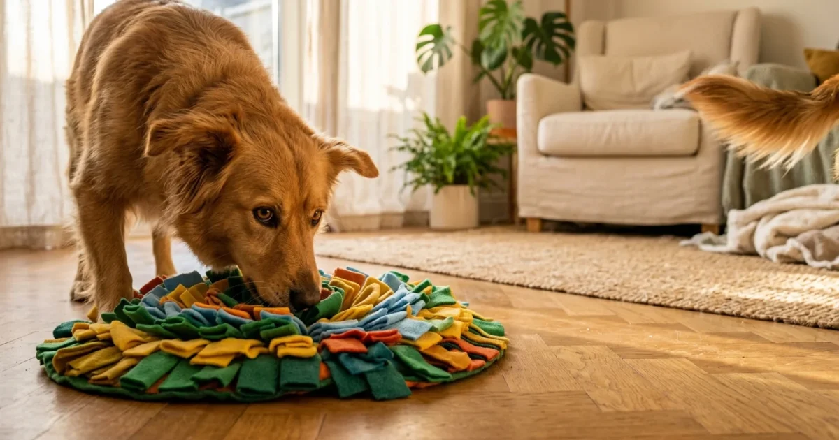 A golden dog sniffs a colorful round fabric snuffle mat on a parquet floor in a bright living room.