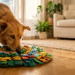 A golden dog sniffs a colorful round fabric snuffle mat on a parquet floor in a bright living room.
