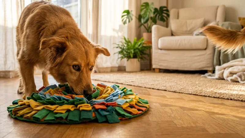 A golden dog sniffs a colorful round fabric snuffle mat on a parquet floor in a bright living room.