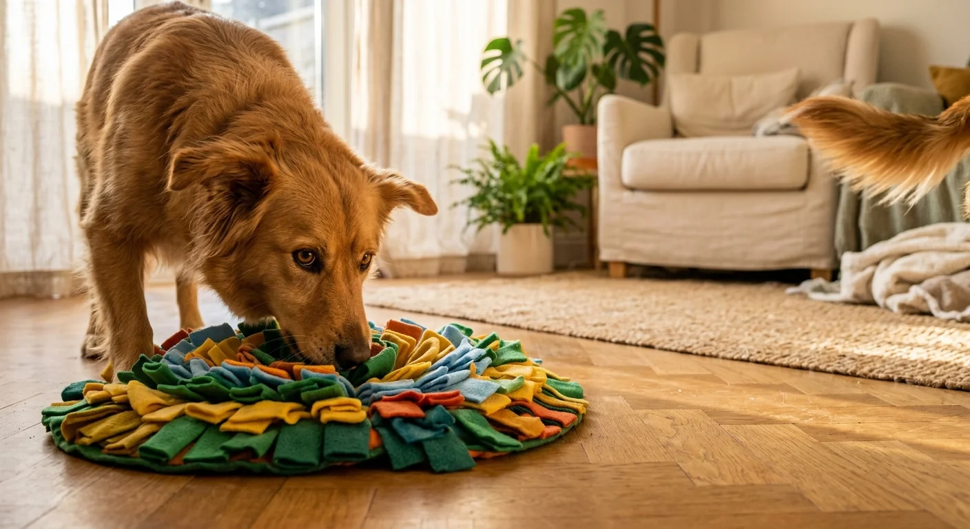 A golden dog sniffs a colorful round fabric snuffle mat on a parquet floor in a bright living room.
