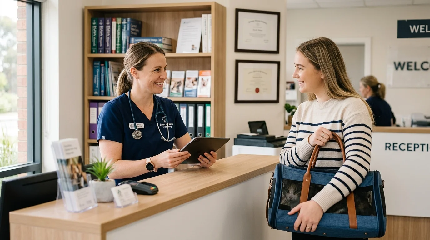 A veterinary receptionist holding a tablet smiles at a pet owner carrying a cat in a travel carrier at the front desk.