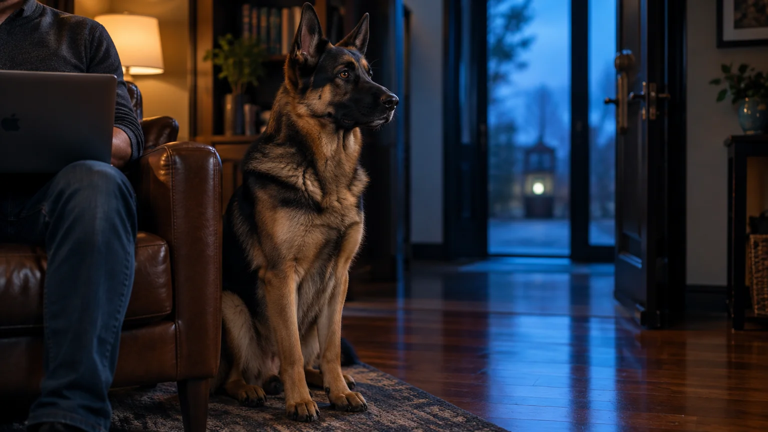 German Shepherd sitting alert beside a person in a leather chair, looking toward an open exterior doorway.