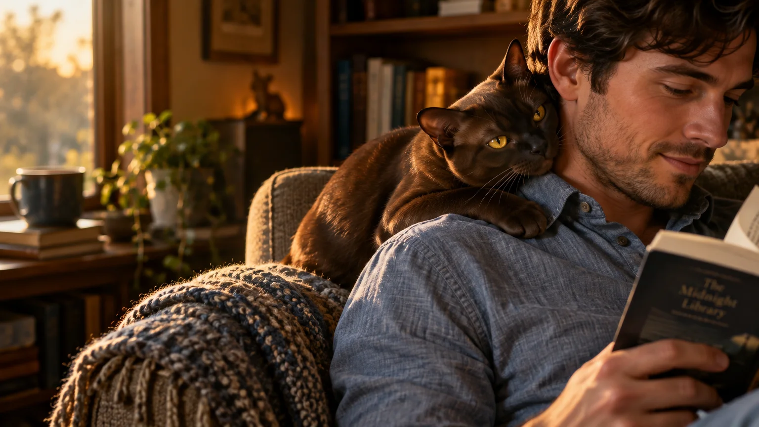 Brown Burmese cat resting affectionately on a man's shoulder while he reads a book on the couch.