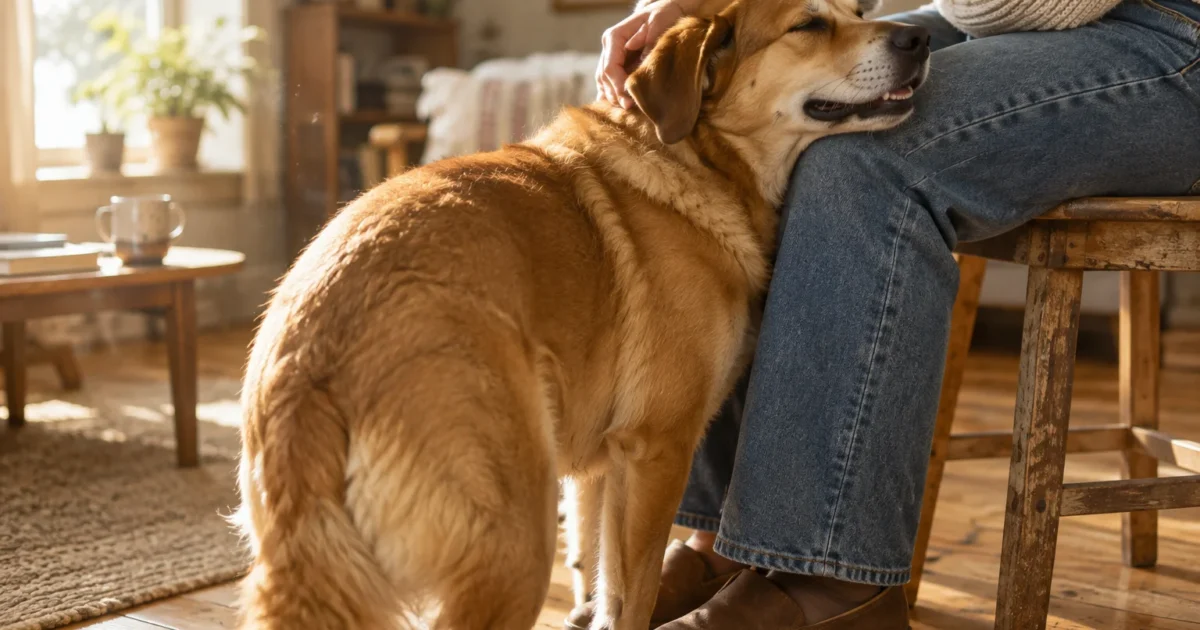 A golden dog rests its chin against a person's denim-clad knee while being gently petted indoors.