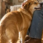 A golden dog rests its chin against a person's denim-clad knee while being gently petted indoors.