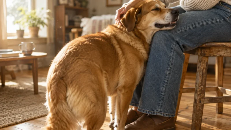 A golden dog rests its chin against a person's denim-clad knee while being gently petted indoors.