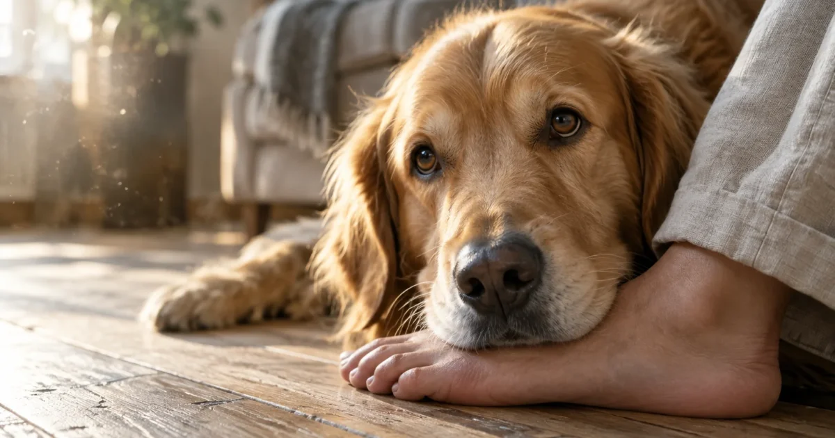 A golden retriever lies on a wooden floor resting its chin comfortably on a person's bare foot.