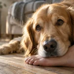 A golden retriever lies on a wooden floor resting its chin comfortably on a person's bare foot.