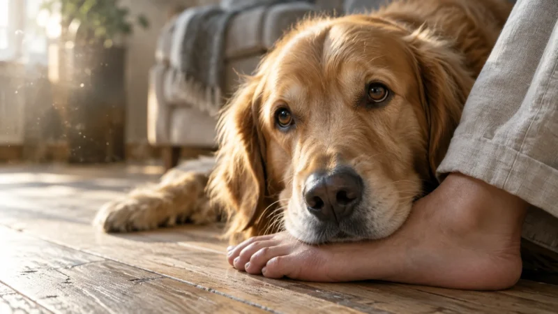 A golden retriever lies on a wooden floor resting its chin comfortably on a person's bare foot.