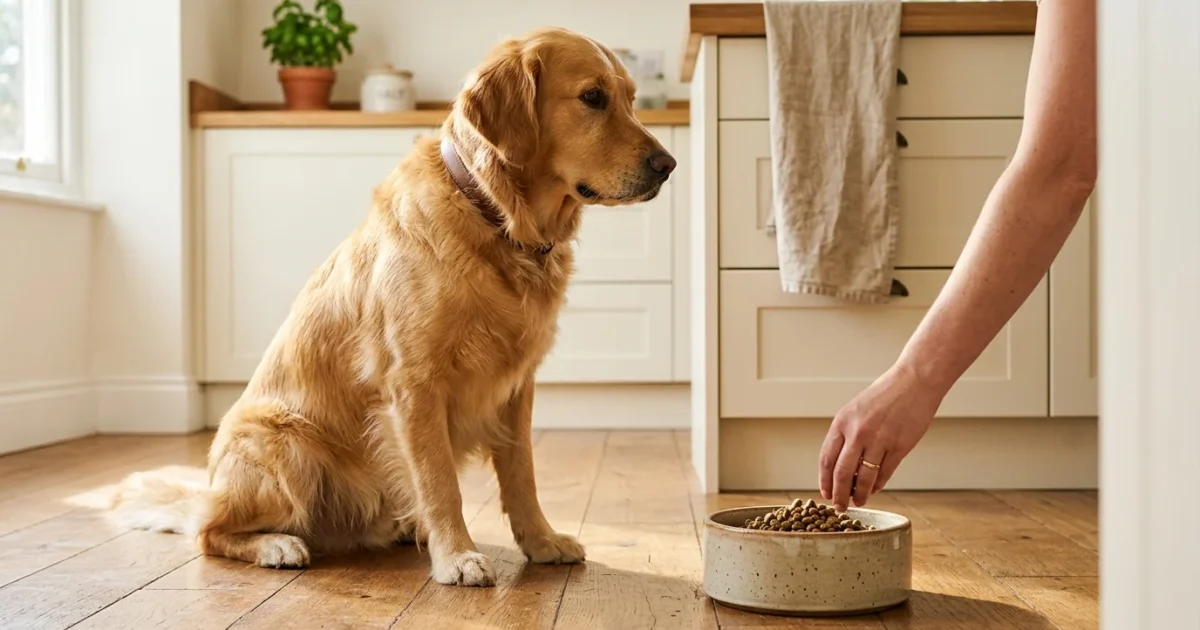 A golden retriever sits patiently on a wooden kitchen floor as a person places a ceramic bowl of dry kibble before it.