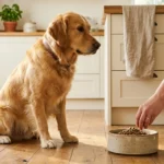 A golden retriever sits patiently on a wooden kitchen floor as a person places a ceramic bowl of dry kibble before it.