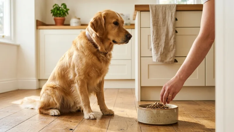 A golden retriever sits patiently on a wooden kitchen floor as a person places a ceramic bowl of dry kibble before it.