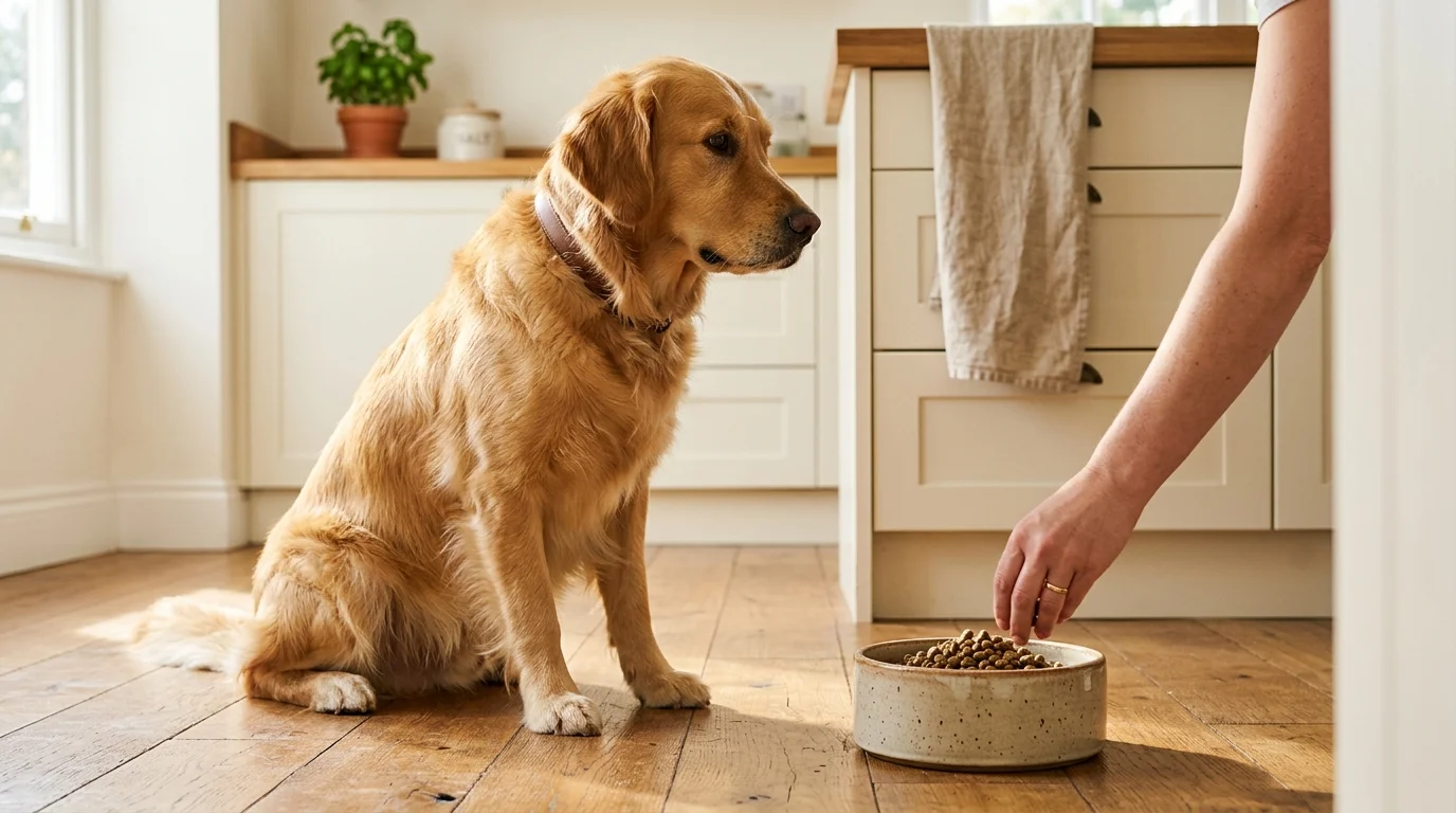 A golden retriever sits patiently on a wooden kitchen floor as a person places a ceramic bowl of dry kibble before it.