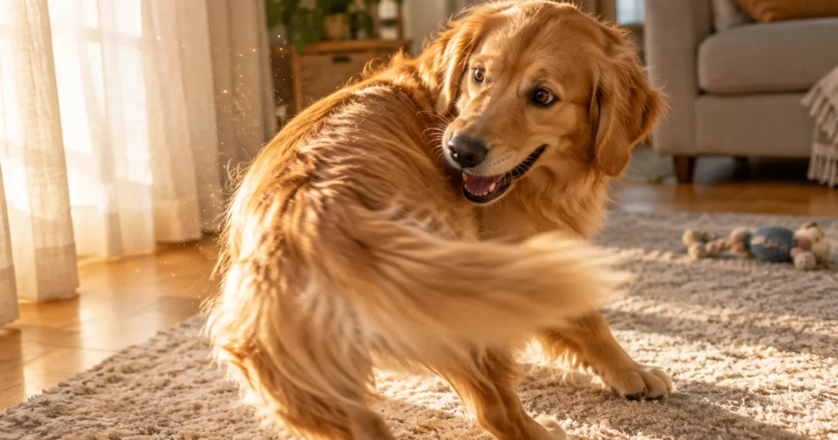 Golden retriever chasing its tail on a carpeted living room floor in warm sunlight.