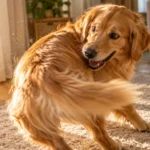 Golden retriever chasing its tail on a carpeted living room floor in warm sunlight.