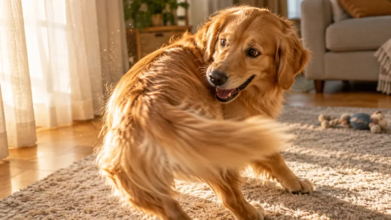 Golden retriever chasing its tail on a carpeted living room floor in warm sunlight.