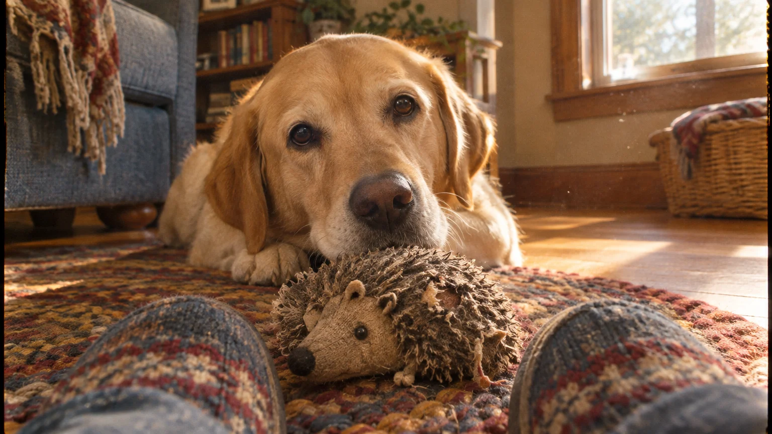 A golden retriever lies on a rug resting its chin behind a plush hedgehog toy placed near a person's slippered feet.