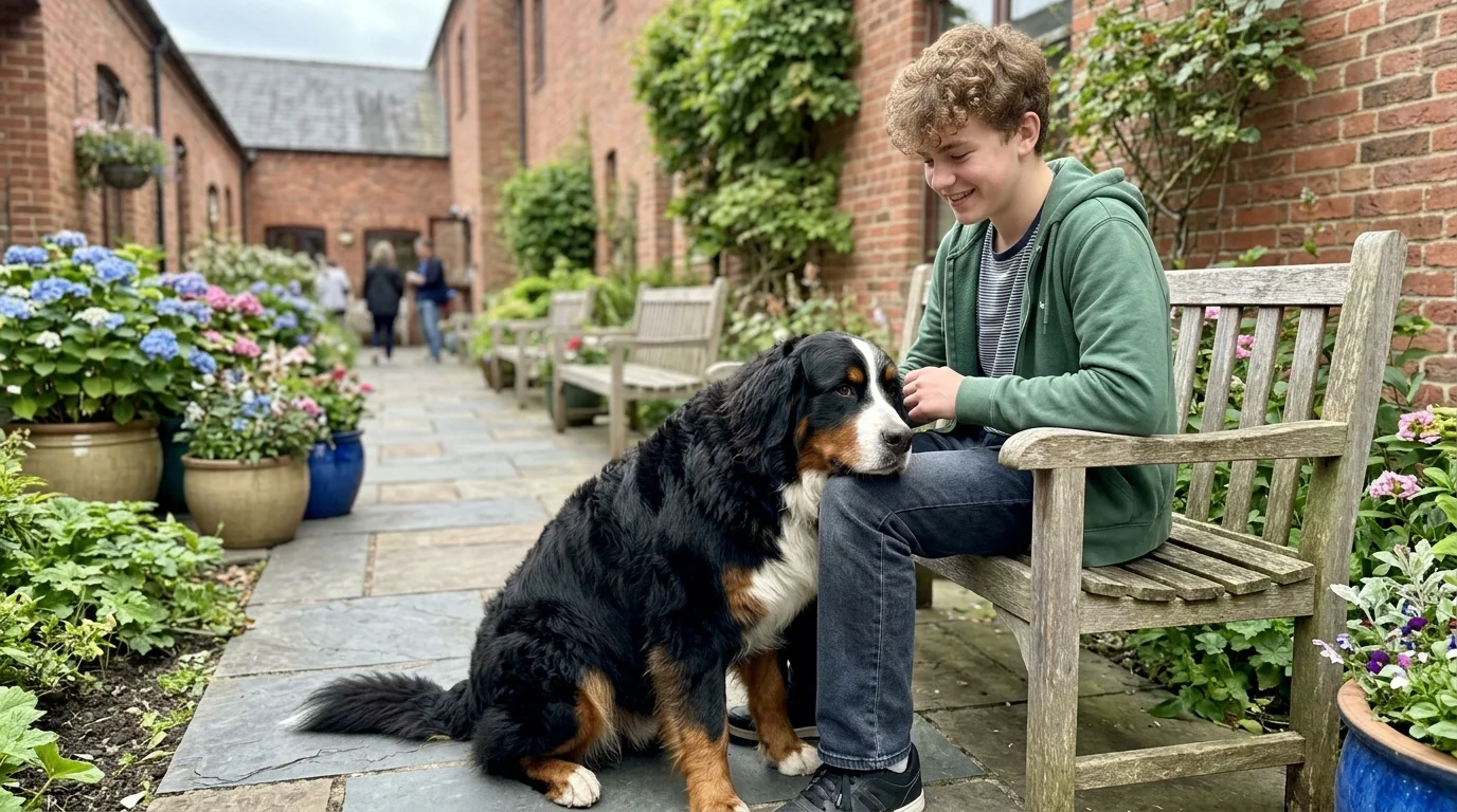 Teenage boy sitting on a wooden garden bench smiling as a Bernese Mountain Dog rests its head on his knee.