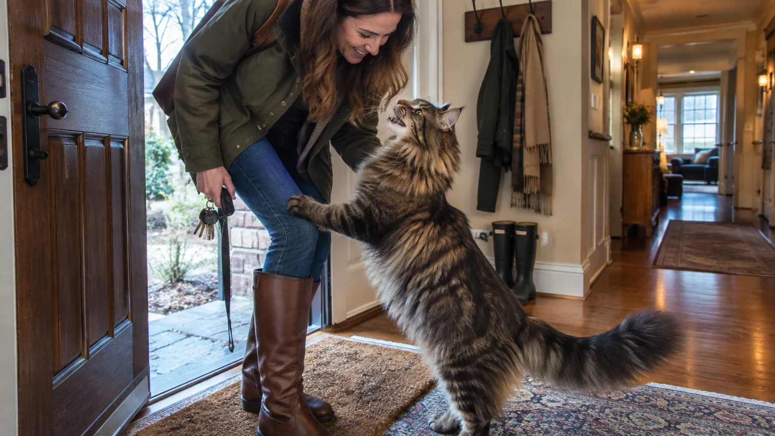 A large, fluffy Maine Coon cat stands on its hind legs to greet a smiling woman at an open front door.