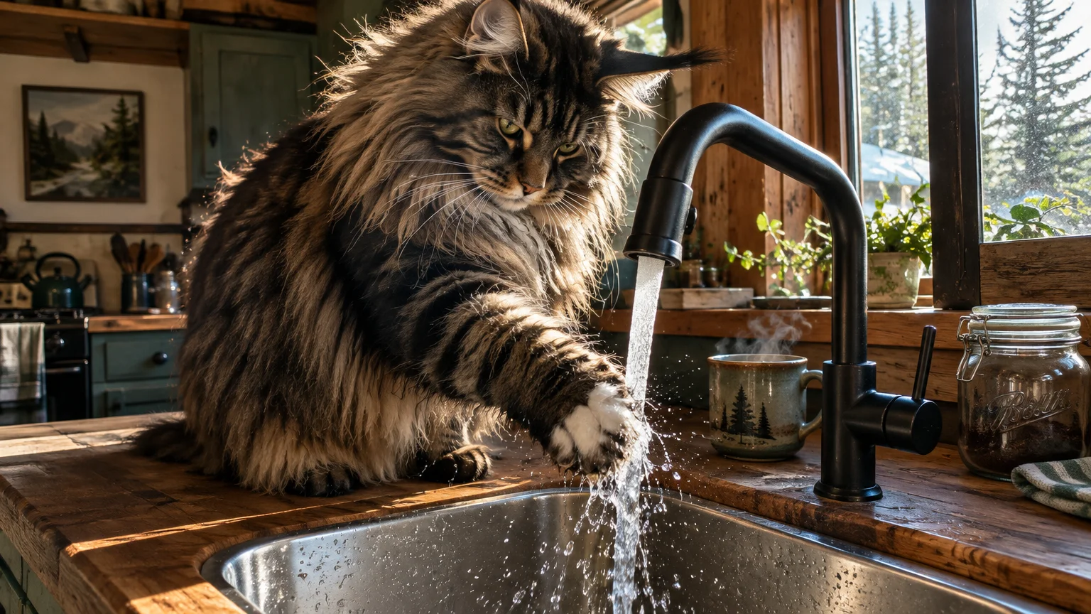 A large fluffy Maine Coon cat reaches a white paw into a stream of running water from a kitchen faucet.