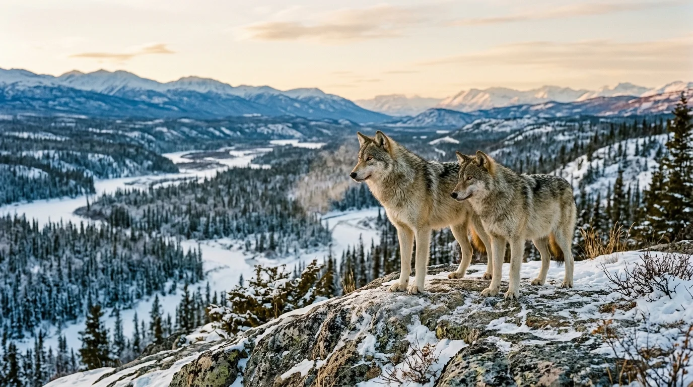 Two wolves stand on a snowy rocky cliff overlooking a vast frozen river valley and distant mountains.