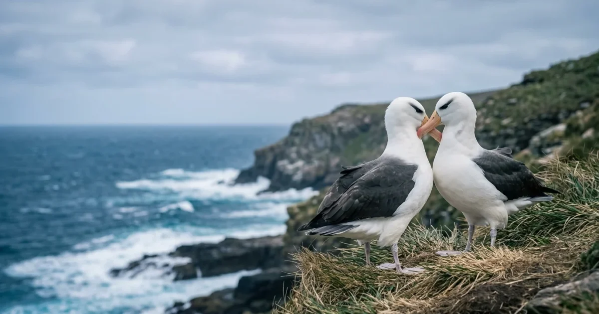 Two black-browed albatrosses touch beaks while standing on a grassy cliff edge overlooking a rocky sea.