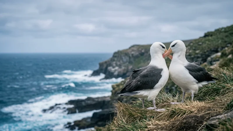 Two black-browed albatrosses touch beaks while standing on a grassy cliff edge overlooking a rocky sea.
