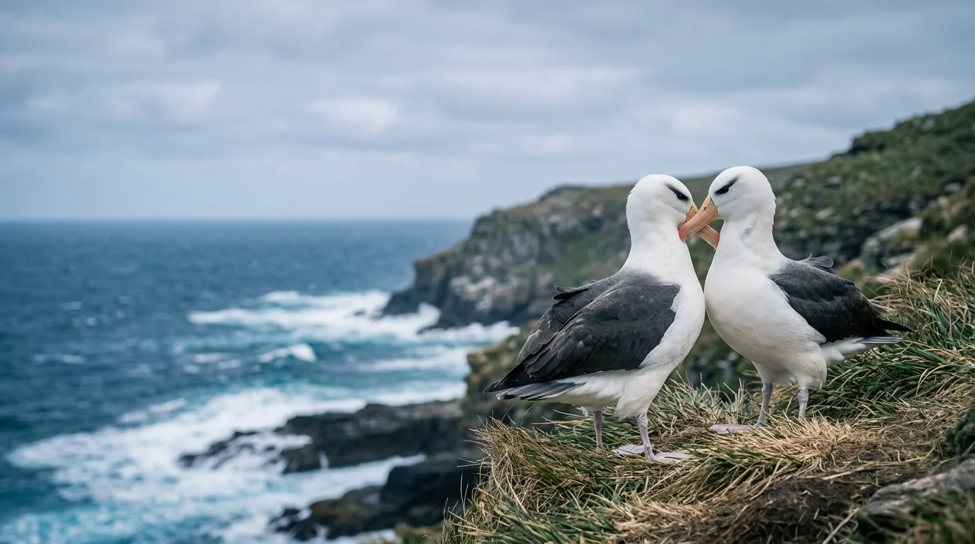 Two black-browed albatrosses touch beaks while standing on a grassy cliff edge overlooking a rocky sea.