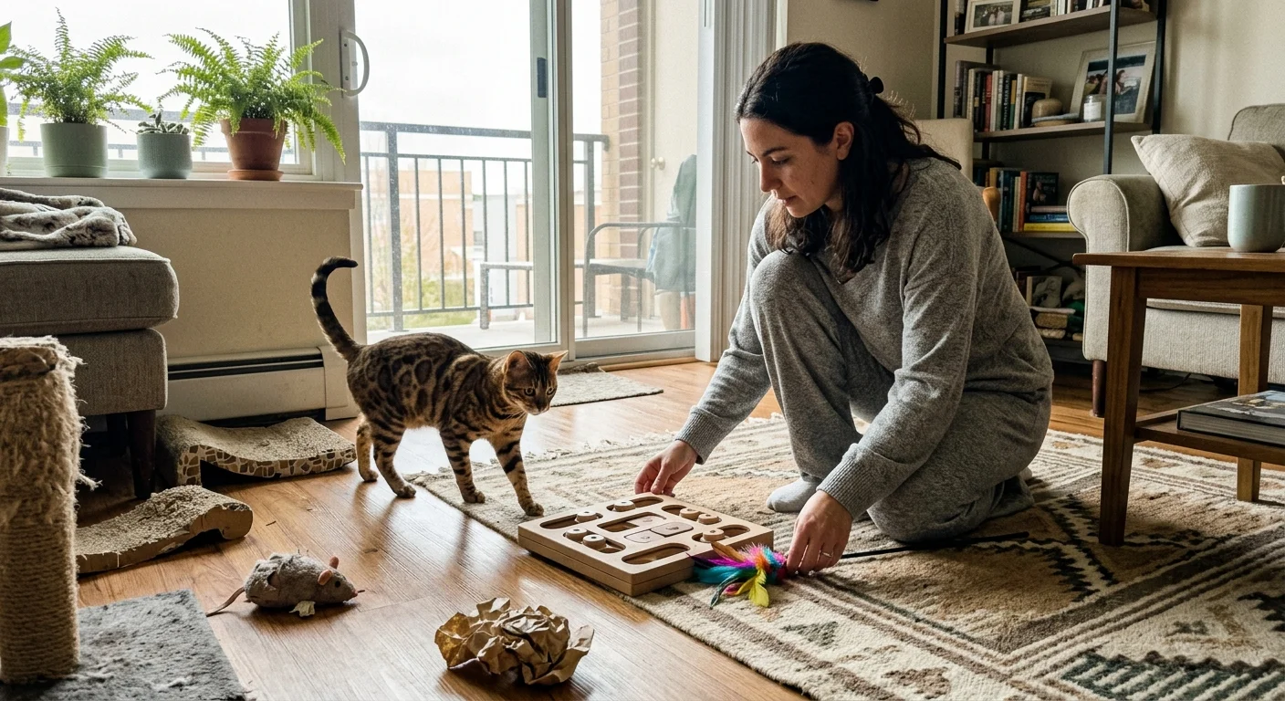 A woman kneels on a living room rug setting up a wooden puzzle toy for a spotted Bengal cat.