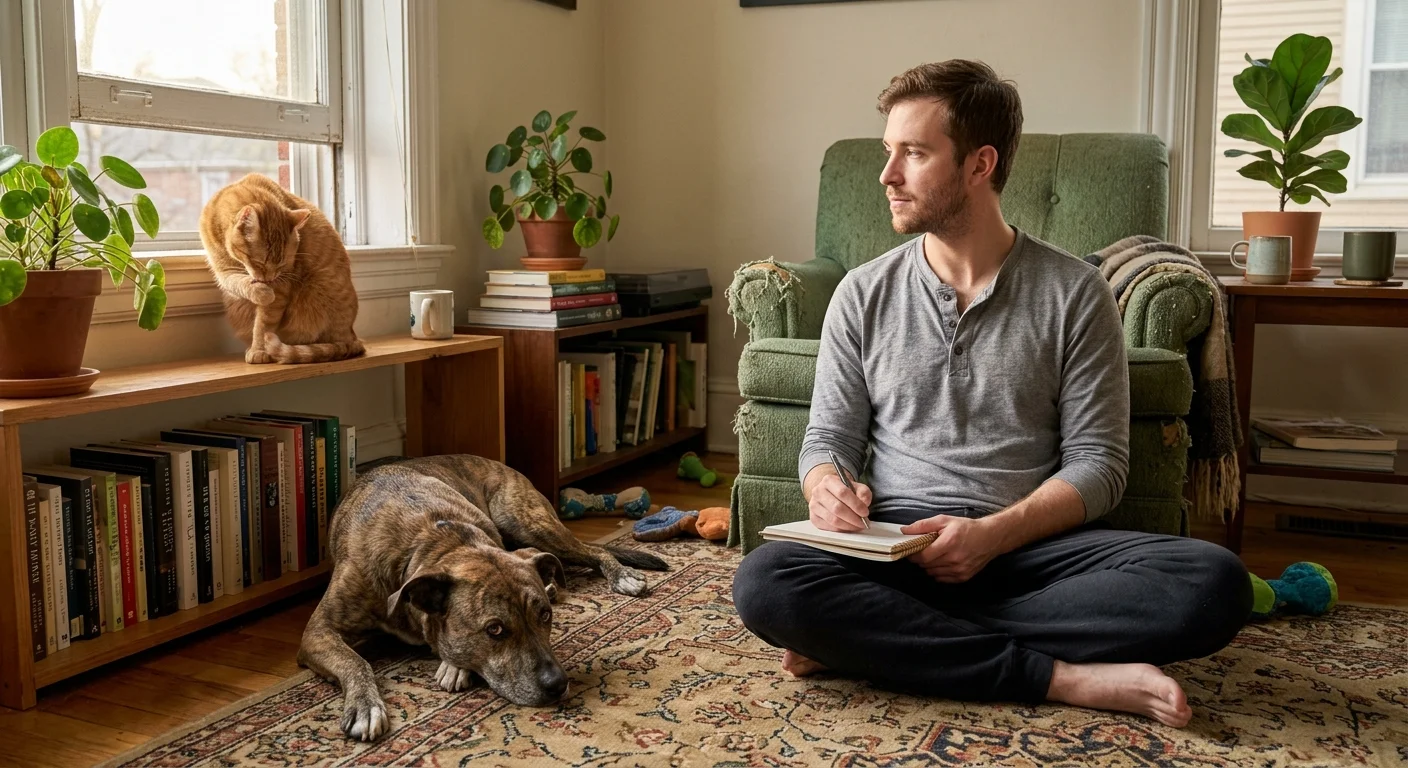 A man sits cross-legged on a rug with a notepad, looking toward a ginger cat on a shelf and a dog lying beside him.