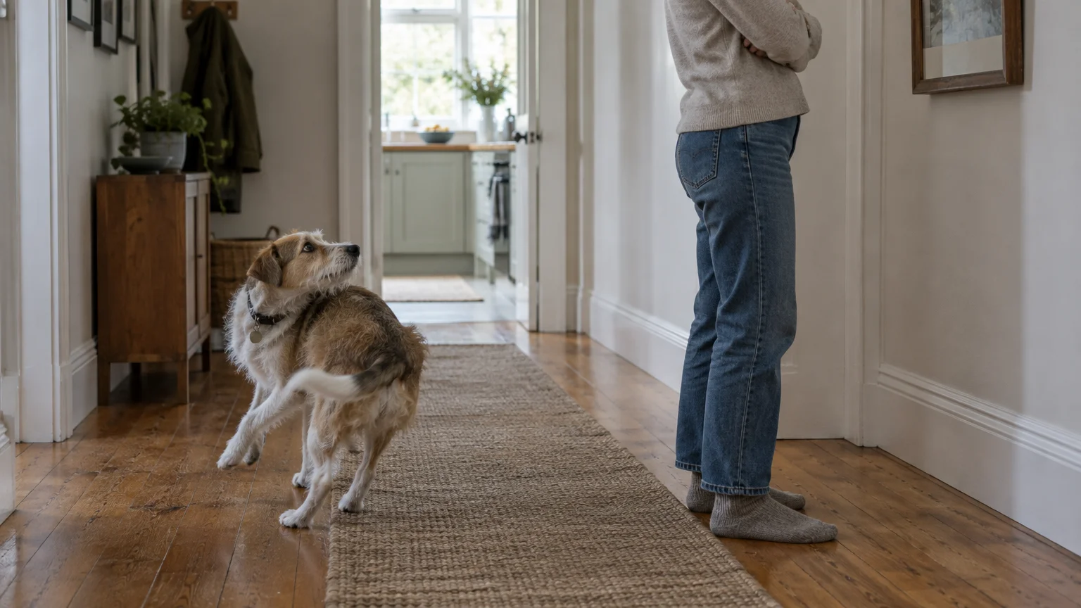 A scruffy dog turns toward its tail in a hallway while a person stands facing away with crossed arms.