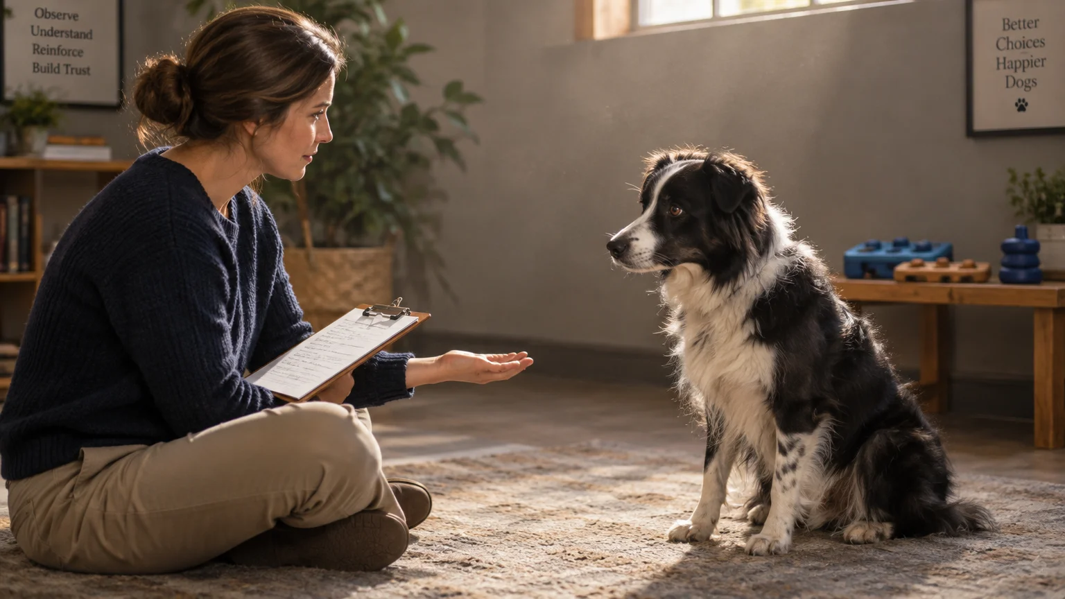 A woman sitting cross-legged on a rug holds a clipboard and reaches her hand toward an attentive border collie.