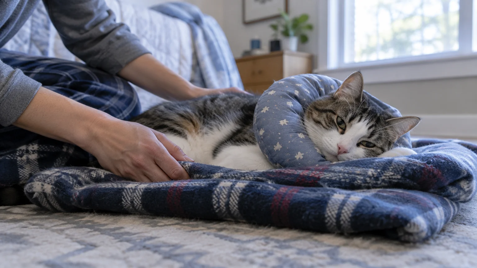 A tabby cat wearing a soft blue recovery collar lies on a plaid blanket while a person gently pets it.