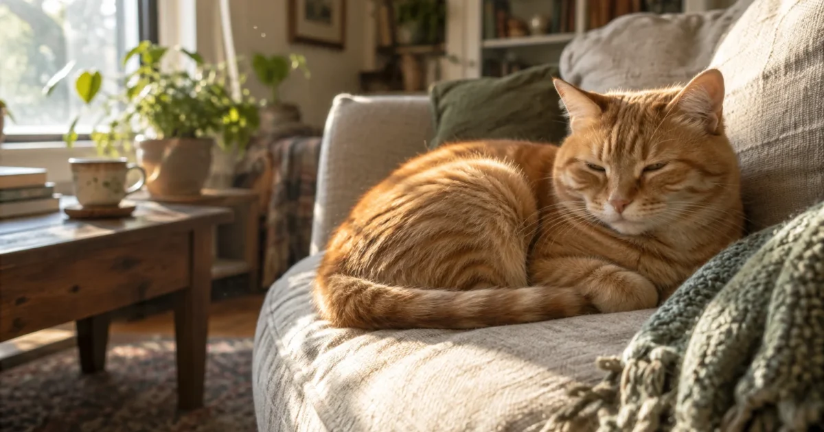 Ginger tabby cat curled up and sleeping on a neutral-toned armchair in a sunlit living room.