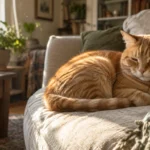 Ginger tabby cat curled up and sleeping on a neutral-toned armchair in a sunlit living room.
