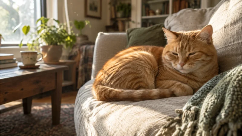 Ginger tabby cat curled up and sleeping on a neutral-toned armchair in a sunlit living room.