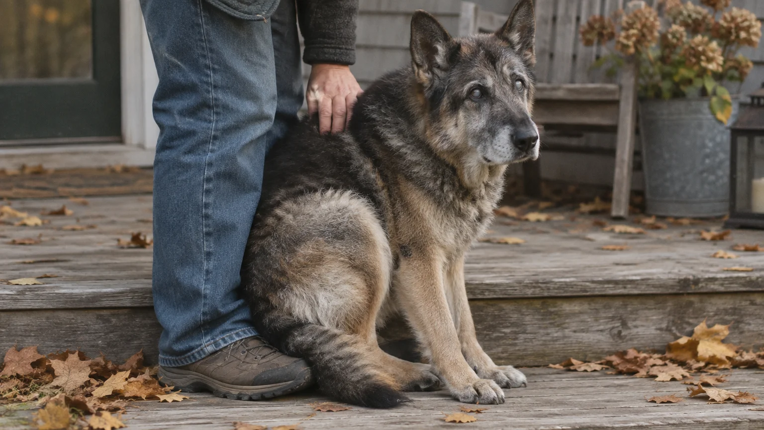 Senior German Shepherd leaning against a person's legs on a wooden porch scattered with fallen autumn leaves.