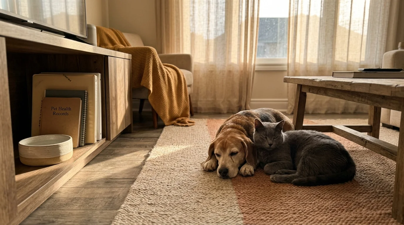 A senior beagle and a grey cat lie together on a living room rug next to a coffee table and media console.