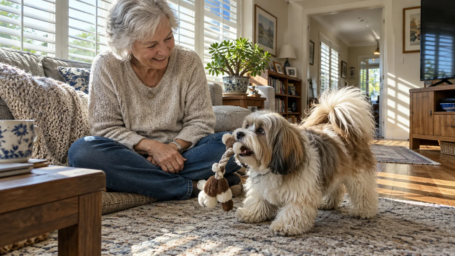 A smiling senior woman sits on a living room rug playing tug-of-war with a small fluffy dog holding a rope toy.