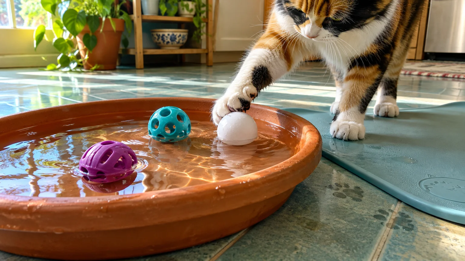 A calico cat taps a floating white ball in a shallow terracotta saucer filled with water and plastic toy balls.