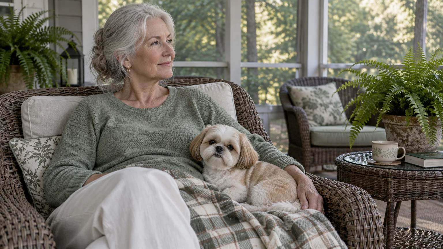 A senior woman sits on a wicker porch chair with a small, fluffy Shih Tzu resting beside her under a blanket.
