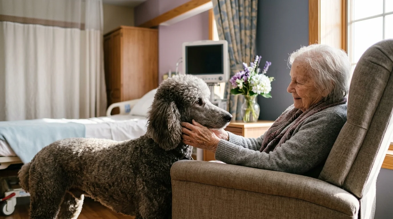 Elderly woman sitting in an armchair in a hospital room, smiling and petting a grey Standard Poodle.